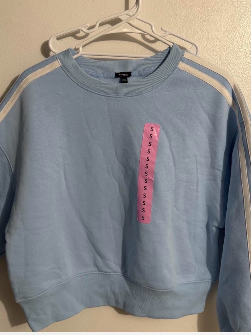 Express Light Blue Crewneck Sweatshirt with White Shoulder Stripes